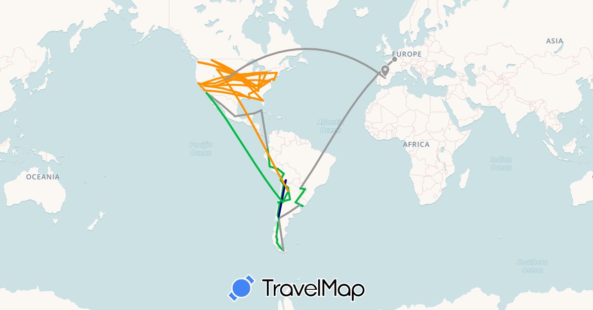TravelMap itinerary: driving, bus, plane, hiking, boat, hitchhiking in Argentina, Bolivia, Chile, Ecuador, Spain, France, Mexico, Peru, Paraguay, United States, Uruguay (Europe, North America, South America)